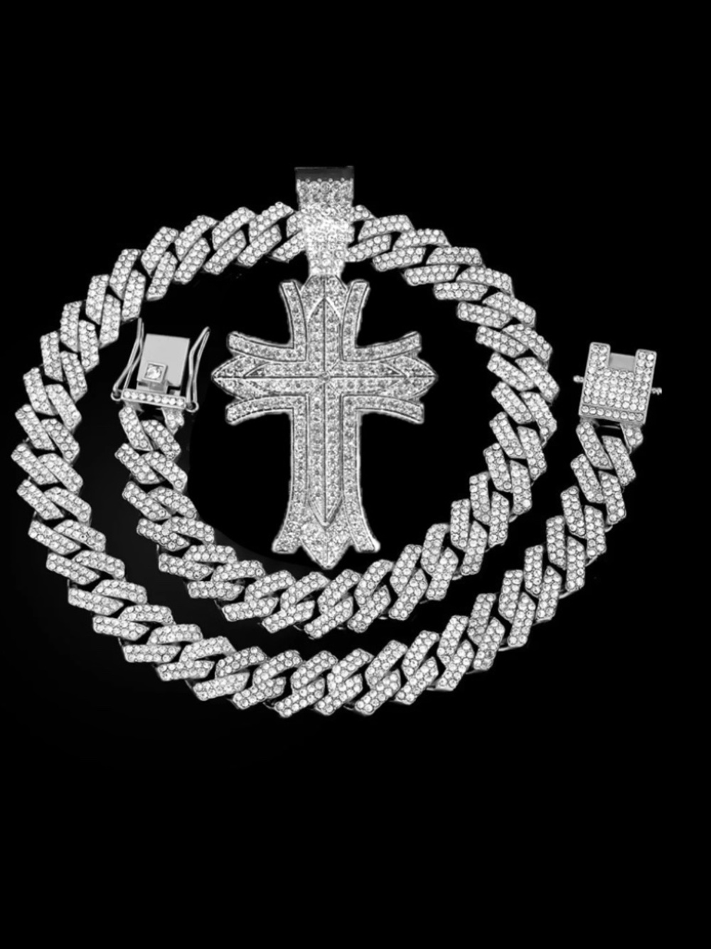 Silver Iced Cross Pendant Miami Cuban Chain Link Necklace Jewelry